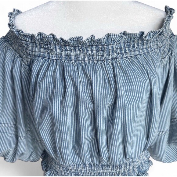 Anthropologie Porridge Top Sz L Ruby Off Shoulder Cropped Denim Striped Boho - Picture 9 of 16